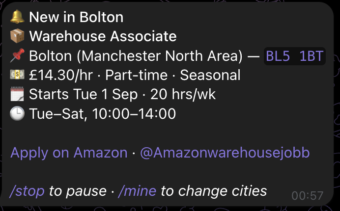 Telegram alert example for a Bolton warehouse associate role with pay, schedule, and pause controls