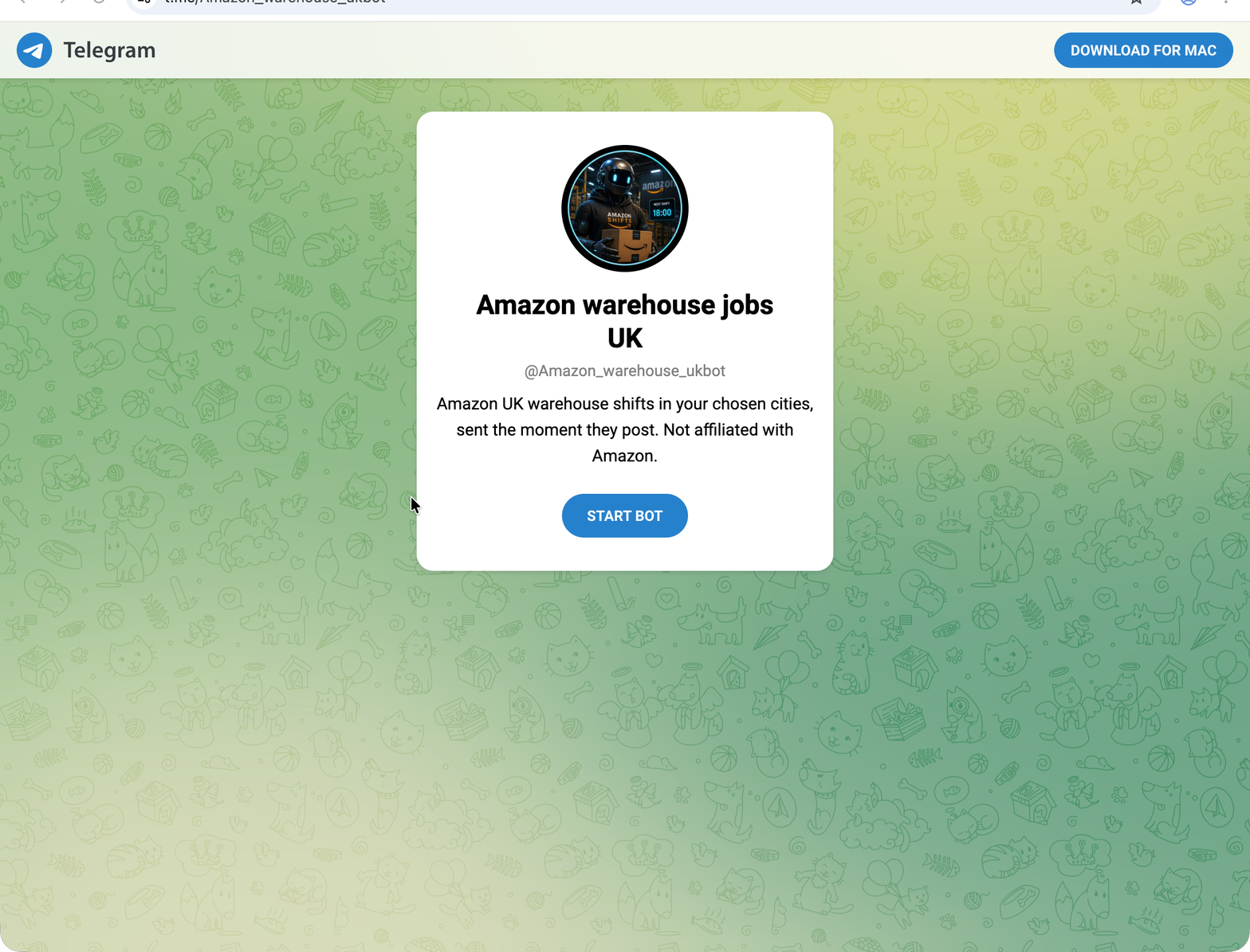 Telegram bot start screen for UK warehouse shift alerts