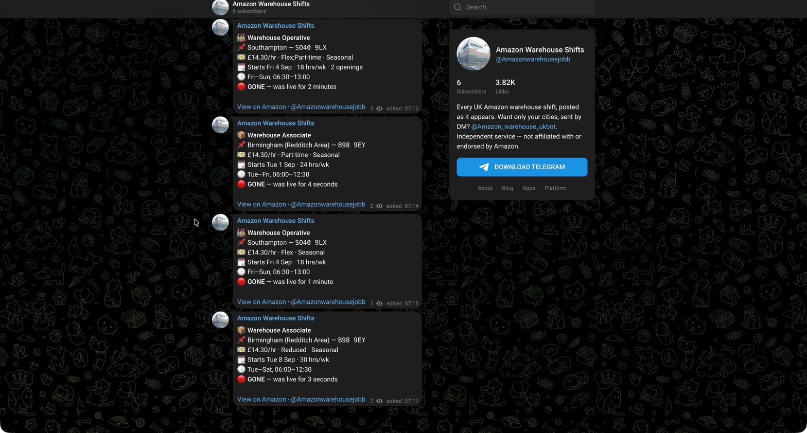 Telegram channel feed showing UK warehouse shift alerts