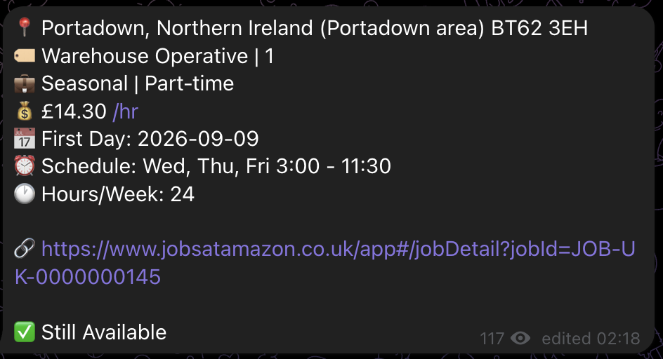 Telegram alert example showing a Portadown warehouse operative role with pay, schedule, hours, and availability
